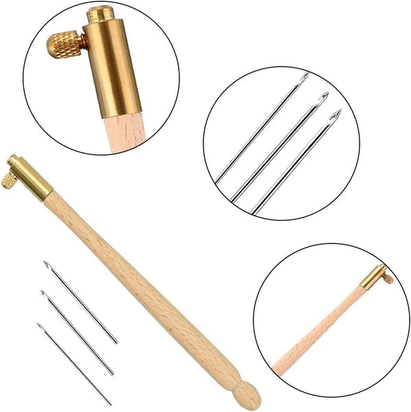 Tambour Wooden Hook with 3 Needles (0.7mm-1mm-1.2mm) French Beading Hook Needle Set